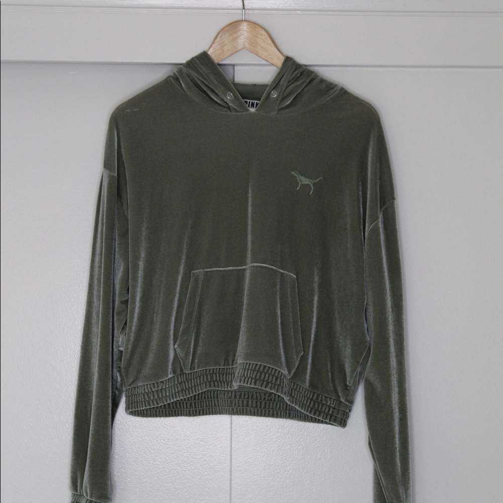 PINK Green Velvet Cropped Hoodie